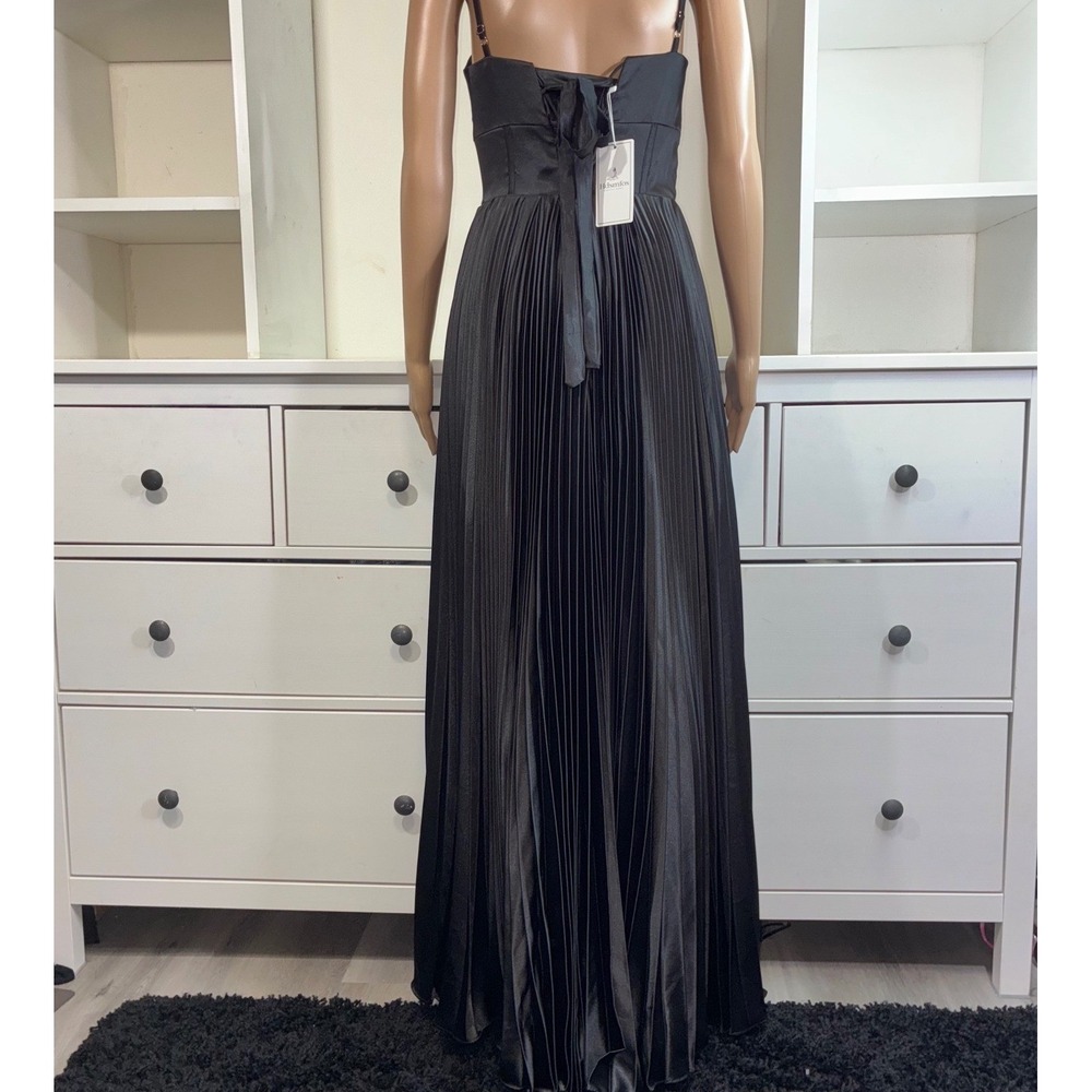 Black Satin Corset Gown Pleated Skirt Spaghetti Strap Lace Up Back Formal prom - Picture 3 of 9
